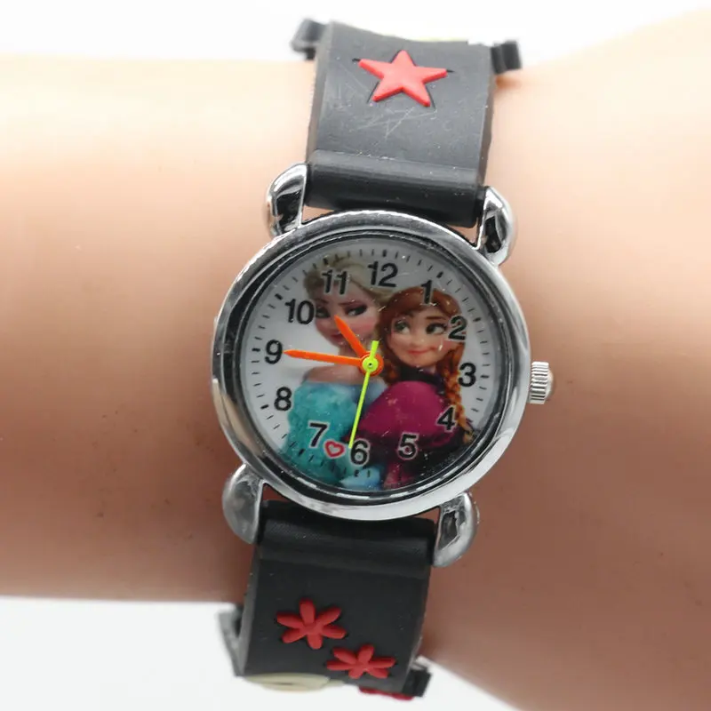 Infantil Reloj Принцесса Эльза Анна мультфильм часы 3D Для детей Кварцевые наручные часы - Цвет: Черный