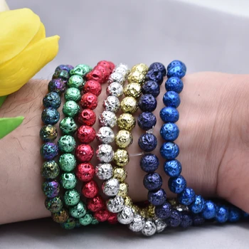 

Natural Stone Beads Plating Glod Silver Volcanic Lava Beads 8mm Round Rock Loose Spacer Beads For Diy Jewelry Making Gift 15"