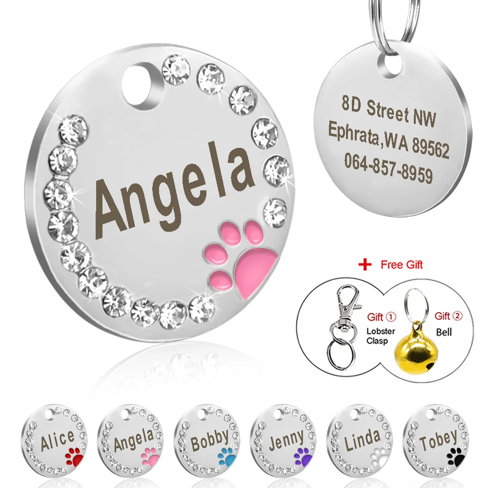 Dog Tag Personalized Pet Puppy Cat ID Tag Engraved Custom Dog Collar Accessories Stainless Steel Name Tag Paw For Dogs Cats Pink