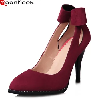 

MoonMeek female fashion pumps pointed toe thin heels slip on shallow with butterfly knot extreme high heels sweet woman shoes