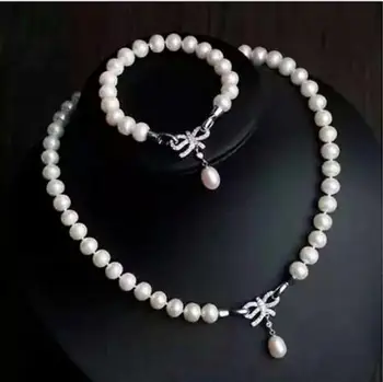 

Beautiful 8-9-12 mm round white pearl necklace 18" bracelet 8" set