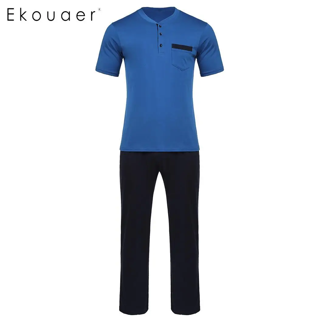 

Ekouaer Men Pajama Set Loungewear Contrast Color O-Neck Short Sleeve T-Shirts Long Pants Loose Pajamas Sleepwear Home Suits