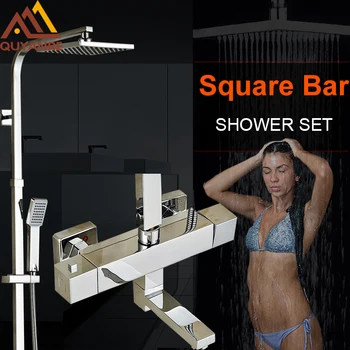 

Solid Brass Thermostatic Mixer Chrome Polish 8'' Square Rainfall Shower Faucets With ABS Hanshower For Bathroom Bath Shower