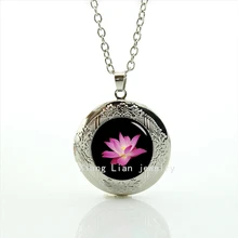 Luxurious newest glass cabochon Hot pink lotus flower Buddhist holy locket necklace pendant necklace wedding jewelry T426