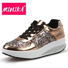 MINIKA Bling Platform Sneakers Women Fashion Golden Sequin Waterproof Women Flat Shoes Spring Autumn Lace Up