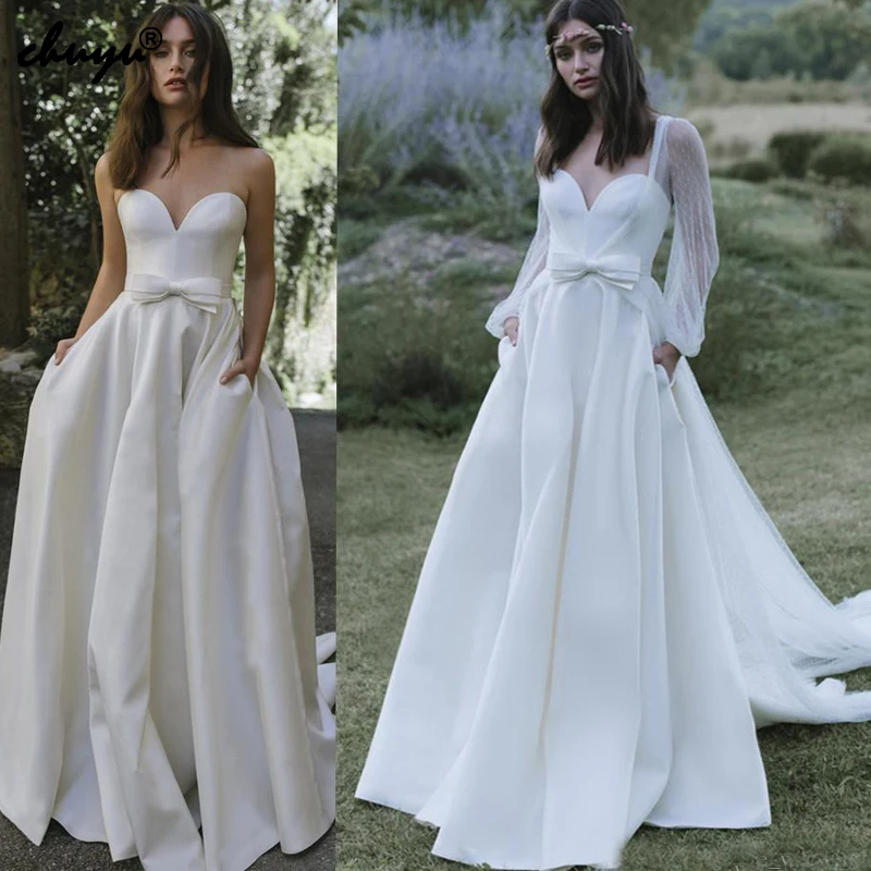 

Muslim Summer Wedding Dress Lantern Sleeves With Jacket Pocket Boho Dubai Arabic Wedding Gown Bridal Dress