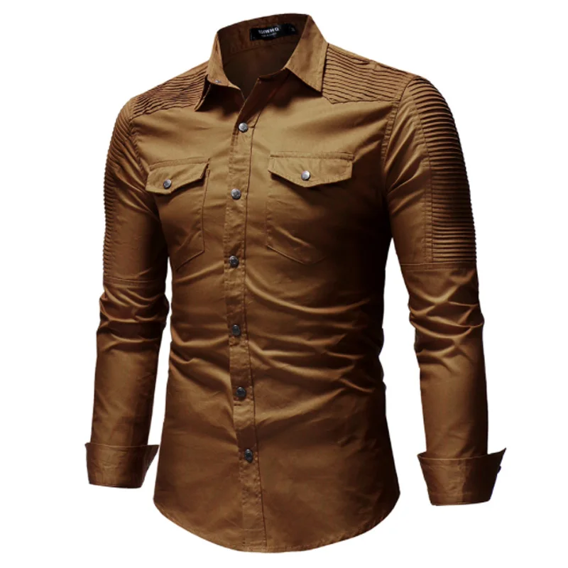 Мужская рубашка бренд Мужская высококачественная повседневная рубашка с длинными рукавами плиссированные мужские рубашки приталенного кроя Camisa Masculina 3XL
