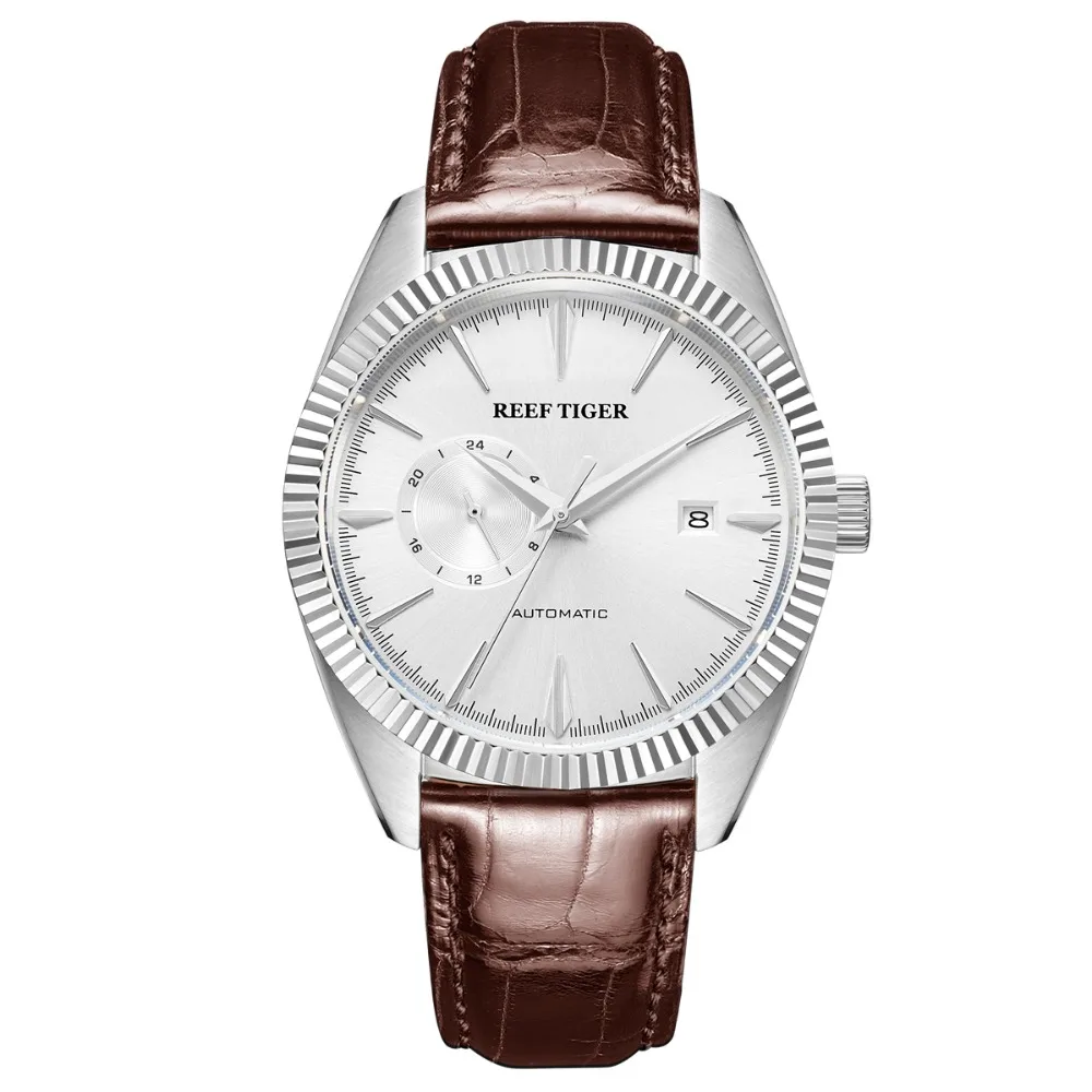 Reef Tiger RGA1616 мужские модные деловые часы Классический ремешок из телячьей кожи автоматические механические аналоговые наручные часы-серебро