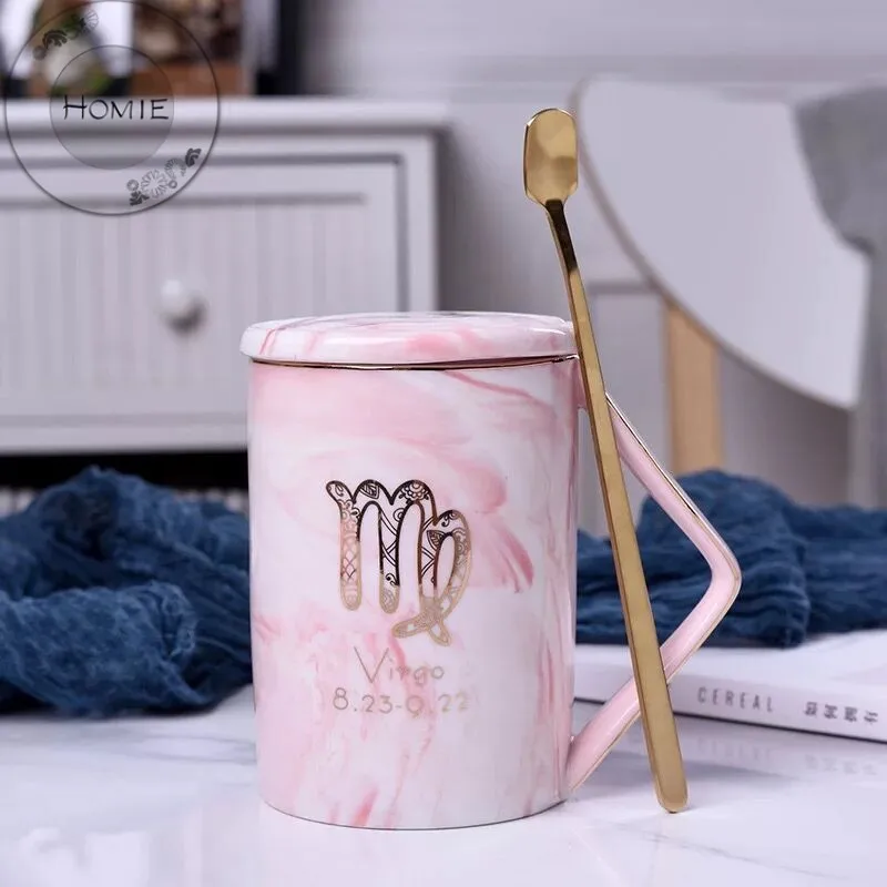 HOMIE Luxury 12 constellation marble cup With lid and spoon Ceramic Coffee Mug 450ml Animal Mugs creative Drinkware Tea milk Cup Newlywed couple gift18