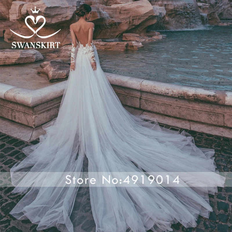 Сексуальное свадебное платье без бретелек, новинка 2019 года, Swanskirt, длинный рукав аппликация, ТРАПЕЦИЕВИДНОЕ ПЛАТЬЕ с открытыми плечами для