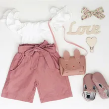 Лето, милый детский топ с открытыми плечами для маленьких девочек, комплект со штанами, одежда