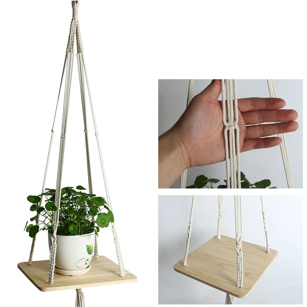 

Flower Pot Garden Knotted Macrame Home Vases Wooden Shelf Lifting Rope Indoor Vintage Decorative Holder Wall Plant Hangers
