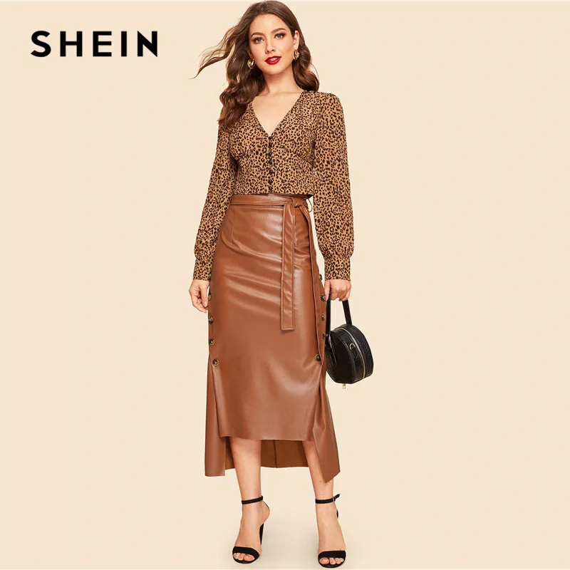 SHEIN Двубортная Асимметричная PU Юбка В Стиле 60-Х Годов С Поясом Женская Осенняя Коричневая Гламурная Юбка С Пуговицами