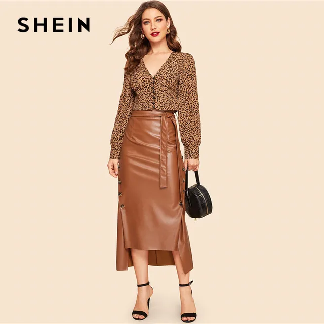 SHEIN Brown Elegant Split Hem Front Double Button Belted Leather Look Long Skirt Office Lady Solid Workwear Maxi Skirts Skirts Children's Girl Clothing