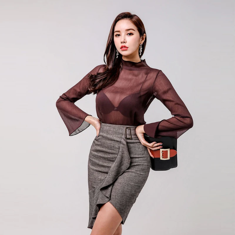 

Two Pieces Set Office Ladies Suits Transparent Flare Long Sleeve Tops and Ruffles Pack Hip Skirts Sexy High Waist Women Outfits