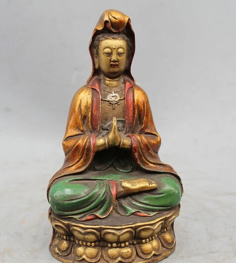 

wholesale factory 7" Old Chinese Buddhism Bronze Painting Seat Lotus Kwan-yin Guan Yin Goddess