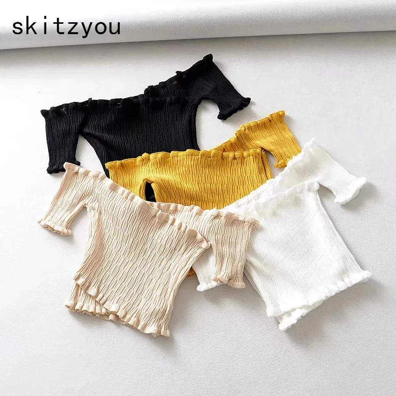

skitzyou Sexy Off Shoulder Women Summer Beach Vest Crop Tops Cross Knitted Thin Short Sleeve White Black Slim Tank Tops Tees