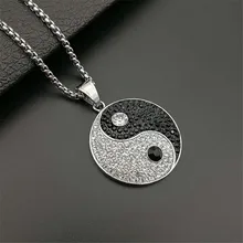 Yin Yang Tai Chi – colliers avec pendentifs pour hommes, couleur argent, rond en acier inoxydable, pavé de cristal, glace, Hip Hop rappeur, bijoux