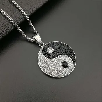 

Yin Yang Tai Chi Pendants Necklaces for Men Silver Color Round Stainless Steel Paved CZ Crystal Ice Out Hip Hop Rapper Jewelry