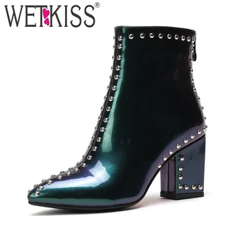 

WETKISS High Heels Women Ankle Boots Pointed Toe Footwear Patent Pu Rivet Ladies Boot Fashion Party Shoes Women 2018 New Winter