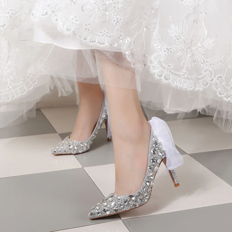 

2018 crystal wedding shoes silver rhinestone high heels stiletto pointed wedding shoes women's shoes