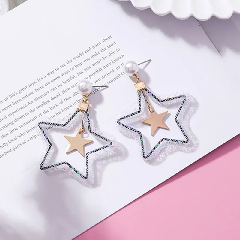 

2018 Colorful Mesh Net Hollow Star Drop Earrings Personality Trendy Simulated Pearl Jewelry Pendientes For Women Girls EC634