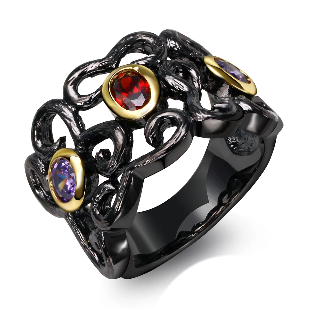 Vintage Rings for women black color ring cubic zircon red and purple