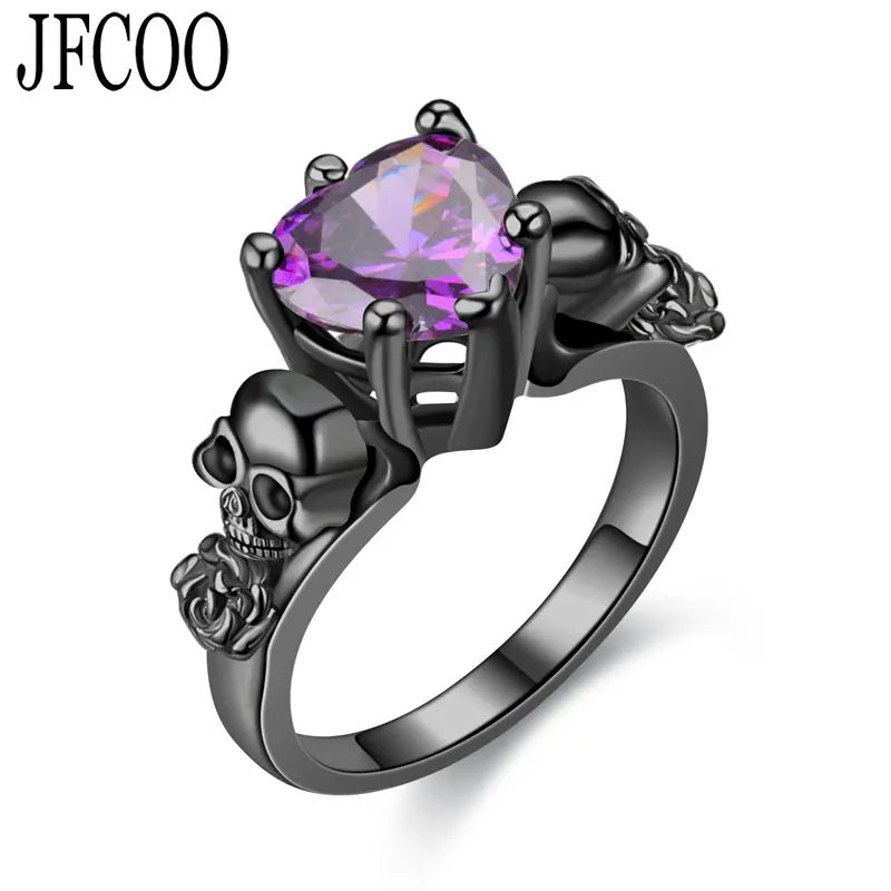 

Vintage Purple Crystal Ring Skull Rose flower Color Rings for Women Fashion punk style Heart-Shape Jewelry Dropshipping