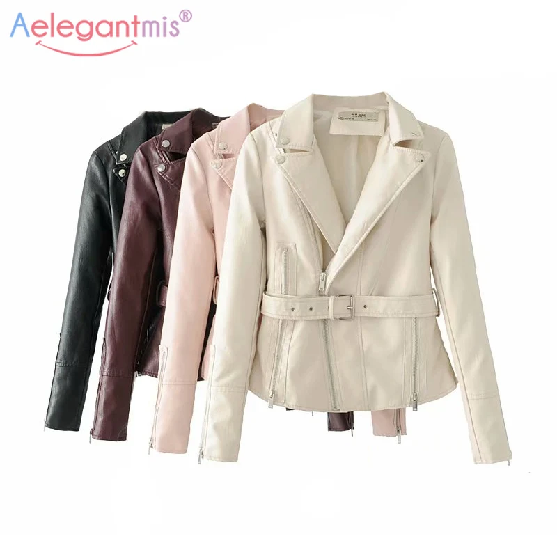 

Aelegantmis Women Faux Leather Jacket Elegant Turn-down Collar Soft Pu Leather Jacket Coat High Street Motorcycle Biker Jacket