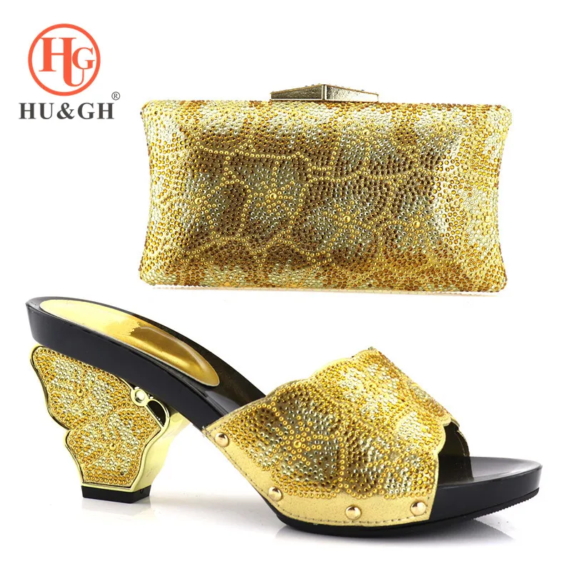 

Gold Color Italian Shoes with Matching Bags Set Decorated with Rhinestone African Wedding Shoes and Bag Set Party Wedding Shoes