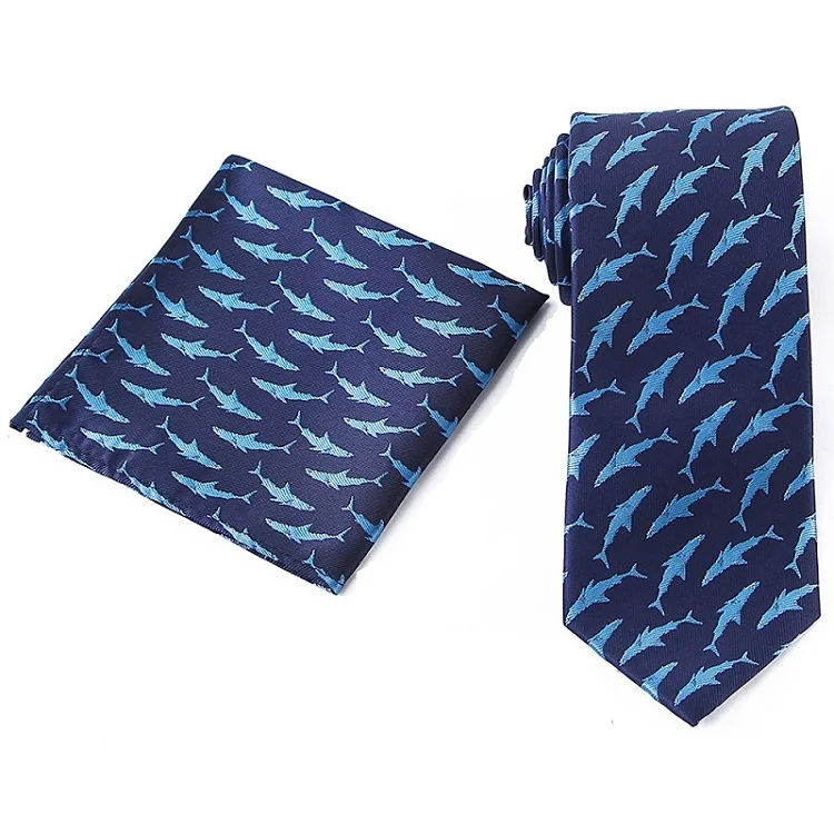 Tailor Smith Necktie and Hankerchief Set Dot Animal Wolf Shark Floral Tie Set 7.5CM Microfiber Woven Suit Tie with Pocket Square - Color: WTHS-004 tie set