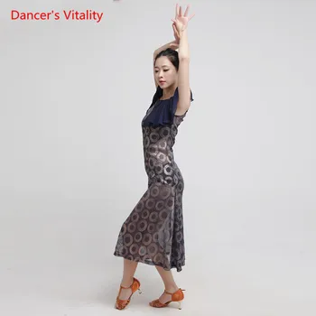 

Women Latin Dance Costumes Sexy Perspective Mesh Stitching Dress For Lady's Cha Cha Rumba Dancing Performance/Practice Clothing