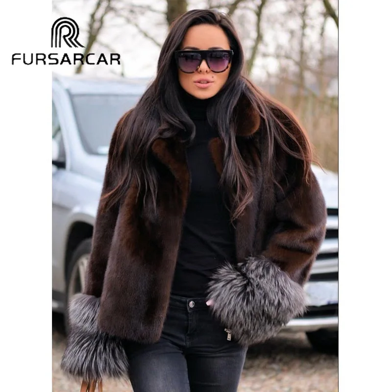 FURSARCAR вся кожа с натуральным норковая шуба для женщин натуральный мех норки