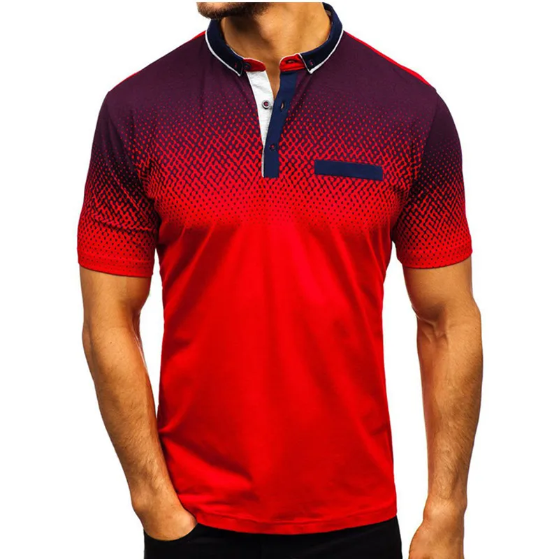 E-BAIHUI, модная рубашка поло, мужские топы, футболки, градиентная полоска, Сращивание, узор, повседневная, с отворотом, 3D принт, уличная одежда, мужская рубашка G017 - Цвет: RED