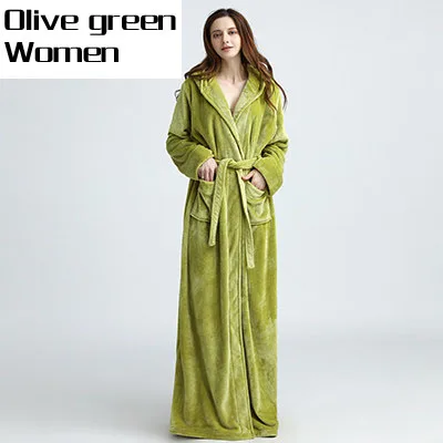 Для влюбленных размера плюс, удлиненный фланелевый теплый Халат с капюшоном для мужчин и женщин, утолщенное зимнее кимоно, банный халат, мужской халат, халаты - Цвет: Olive green women