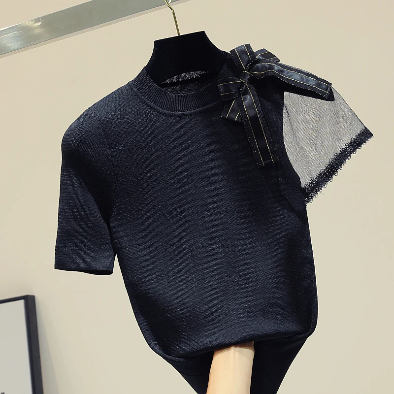 

2019 Spring and Summer Elegant Women T-shirts Netted Yarn Splice Short Sleeve Knitting T-shirt Casual O-Neck Tshirt