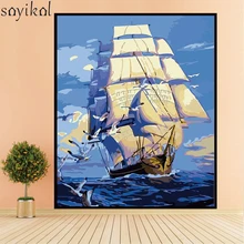 Цифровая картина DIY по номерам рамка красная парусная лодка морской пейзаж домашнее настенное Искусство украшение картина современного искусства для искусства 40X50