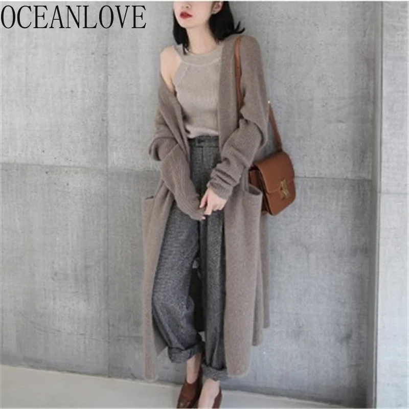 

OCEANLOVE 2019 Autumn Long Cardigan Solid Pockets Loose Casual Women Sweater Knitwear Korean Fashion V Neck Chaqueta Mujer 12612