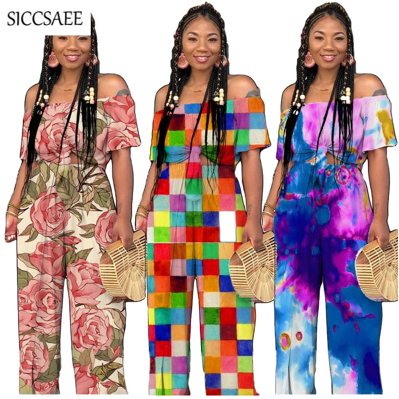 

Colorful Block Floral Printed Tye Dye Two Piece Set Off Shoulder Crop Top Wide Leg Palazzo Pants Suits Sexy Plus Size Clothing