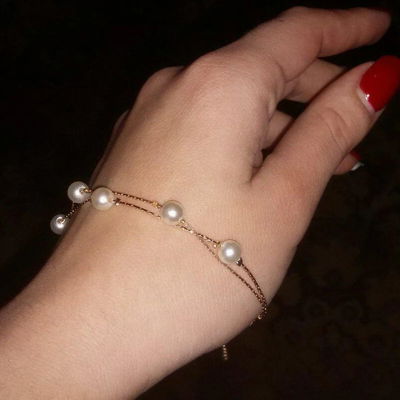 

Simple Imitation Pearls Bracelet Rose Gold Double Chains Bracelets Simulated White Pearls Beads Chain Bangle Bracelet for Women