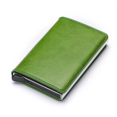 ZOVYZOL Slim Mini Wallet Metal Aluminum Business id Card Case Anti Rfid Protection Men Women Credit Card Holder Leather Vintage - Цвет: B GREEN X-12