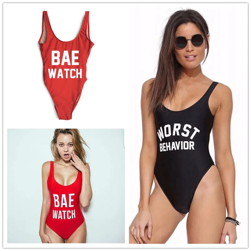 

Black One Piece Monokini Swimwear Swimsuit BAE WATCH Print Letter Bodysuit Open Backless Sexy Women Beach Bathing Suit Swim Suit