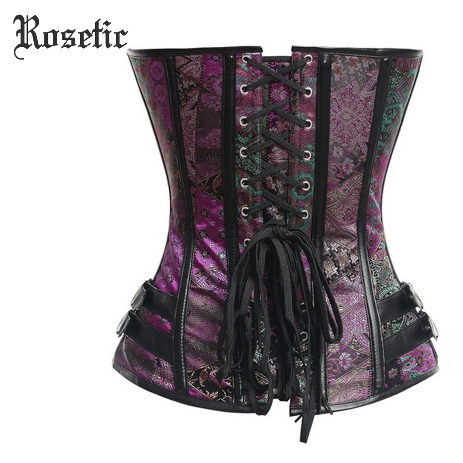 Rosetic Woman Gothic Corsets Bustier Sexy Club Girl Brown PU Belts Patchwork Lace-Up Steampunk Elegant Vintage Women Goth Corset