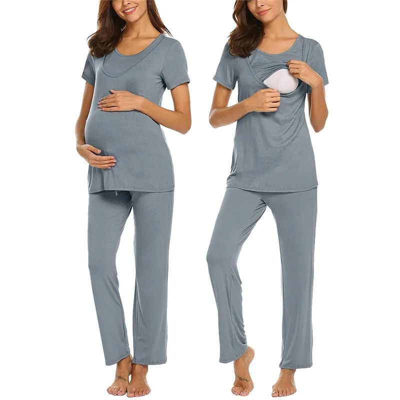 

Pregnant women short-sleeved pajamas suit Nursing Baby T-shirt top adjustable trousers Maternity Pajamas Set Stripe Pants
