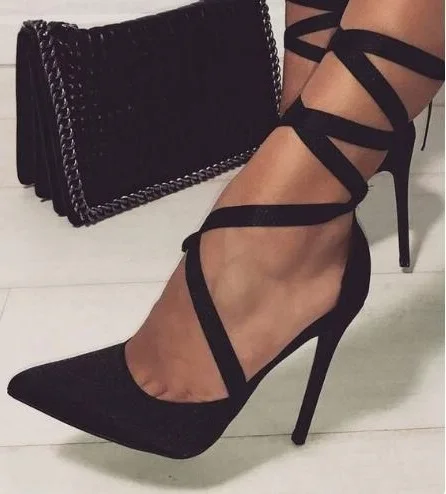 

Sexy Black Red Cross-tied Women Shoes High Heels Pointed toe Ankle Strap Cut-out High Heels Pumps 12cm Customized Dress Shoes