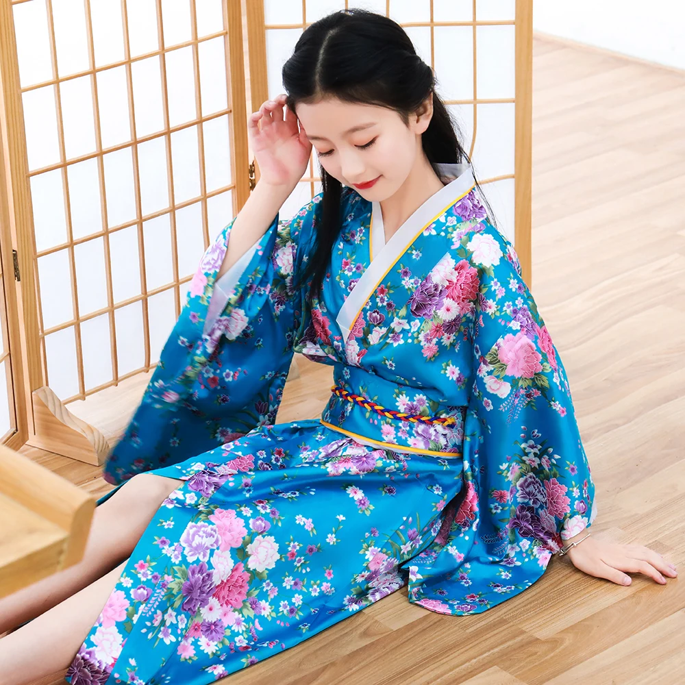 Синий принт Дети Новинка Японский танец платье цветочный традиционный молодой кимоно для девочки для маленьких девочек косплей платье костюмы юката