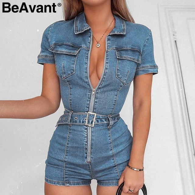US $26.85 BeAvant Zipper sexy denim jumpsuit short women rompers Pocket bodycon summer jeans overalls Casual 