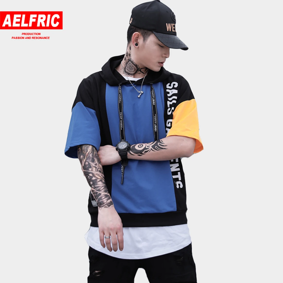 

AELFRIC Hooded Streetwear Fashion T-shirts Men 2019 Summer Casual Short Sleeve Color Splice Hip Hop T Shirt Harajuku Tops Tees