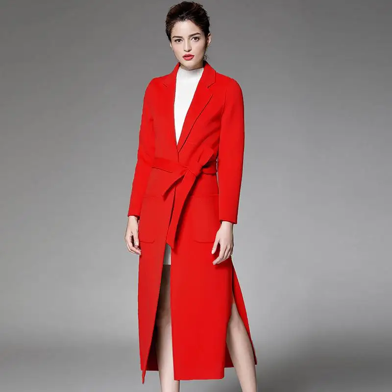 Новое высококачественное кашемировое Женское пальто осенне-зимнее двустороннее шерстяное пальто ручной работы Женская куртка большого размера - Цвет: Красный