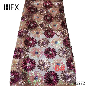 

HFX High Quality Sequence Lace Fabric Fashion Nigerian mesh Fabric 2019 African Lace Fabrics with Sequins for Party Dress H2272